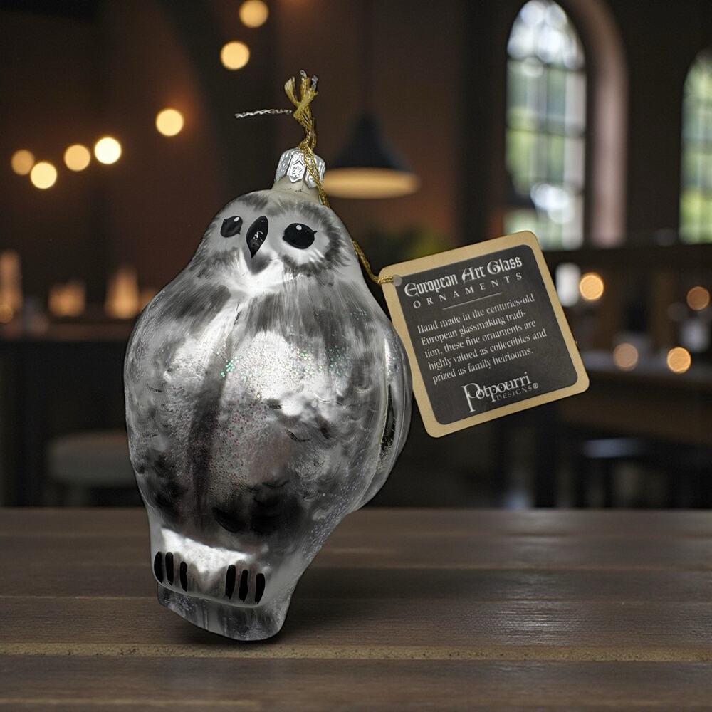 NWT Potpourri Designs European Art Glass SNOW SPARKLE OWL‎ CHRISTMAS ORNAMENT 5”